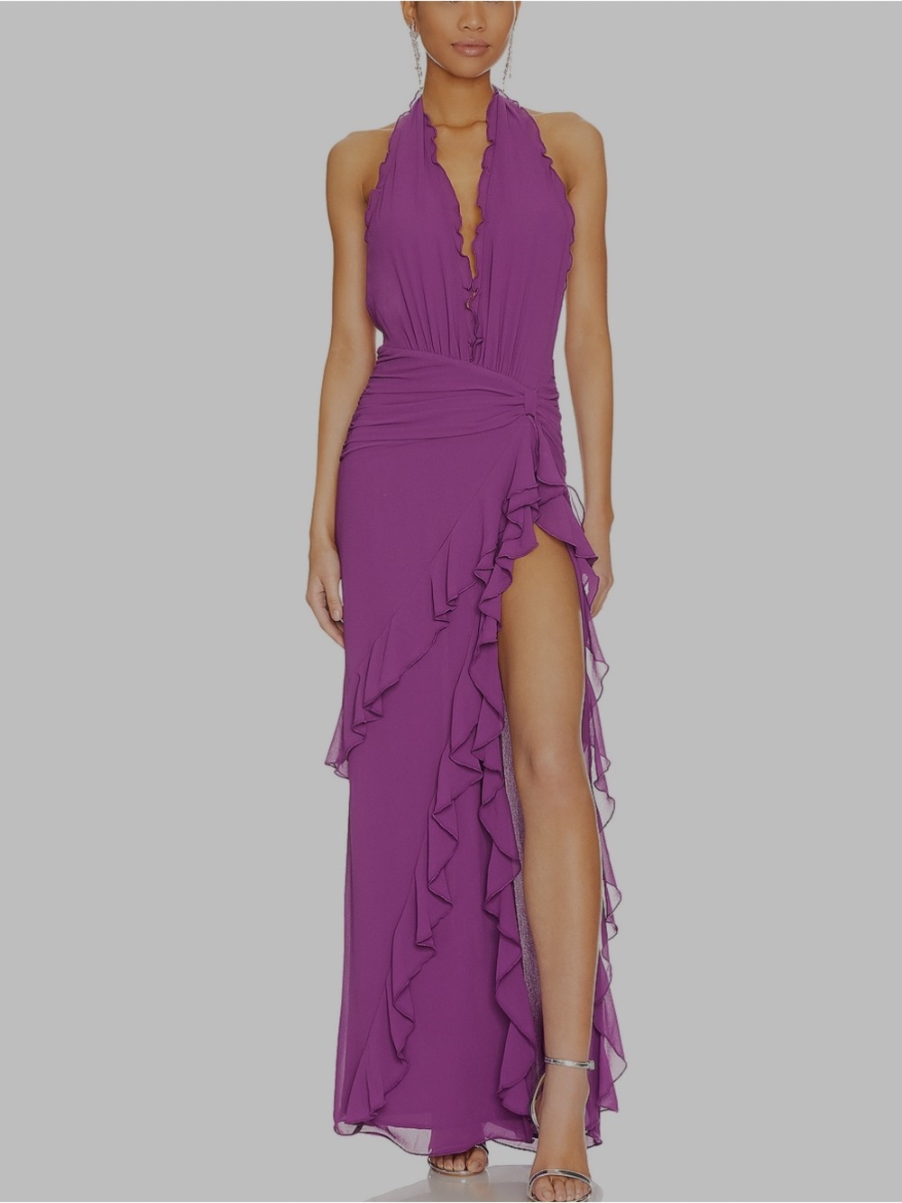 REVOLVE Purple Ruffled Halter Maxi Dress with Side Knot